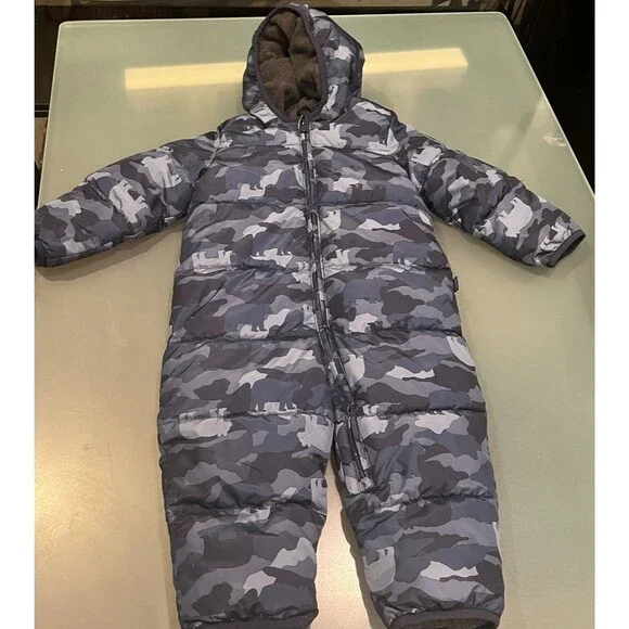 Baby Gap Snowsuit Puffer 12-18 Months Blue Camouflage Camo Bear winter hood zip