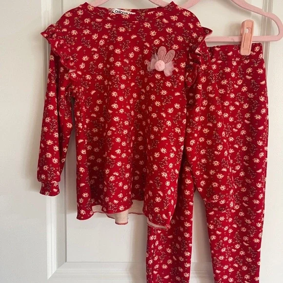 Floral Red Kids Sets Velour Christmas/New Year's Party