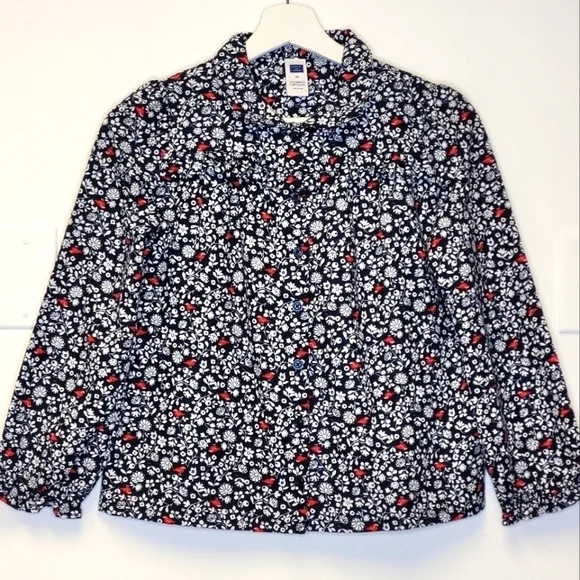 Janie and Jack Red Birds Floral Flannel Navy Blue Winter Pajama Shirt Size 10