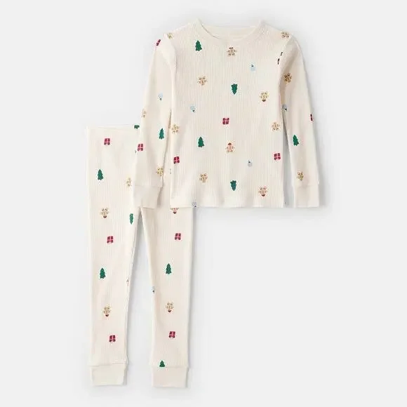 NEW! 2T Carter's Toddler Unisex Christmas Holiday Print 2PC Pajama Set Ivory