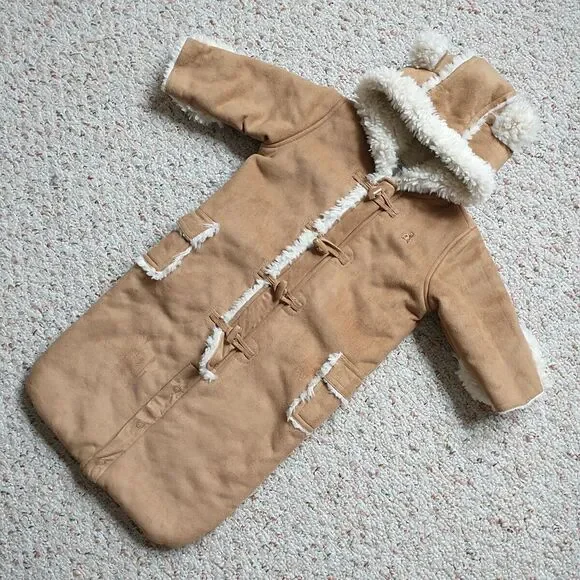 Baby Gap Snowsuit Infant Unisex 3-6M Tan Faux Suede Sherpa Shearling Bunting