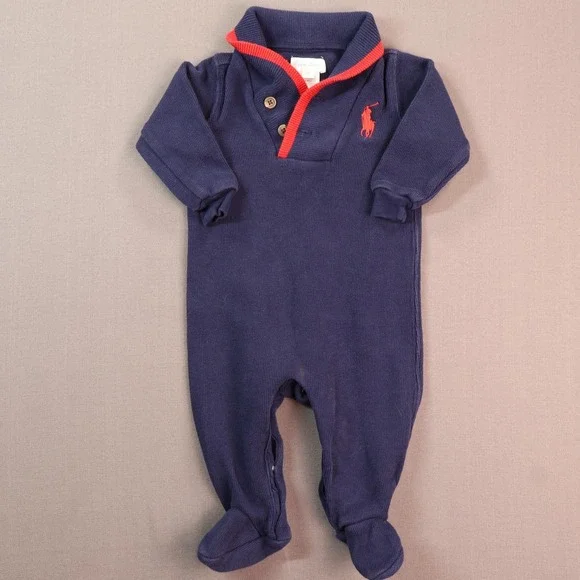 Ralph Lauren Coverall Boys 3-6M Blue Knit Collared Footed One Piece Polo Logo