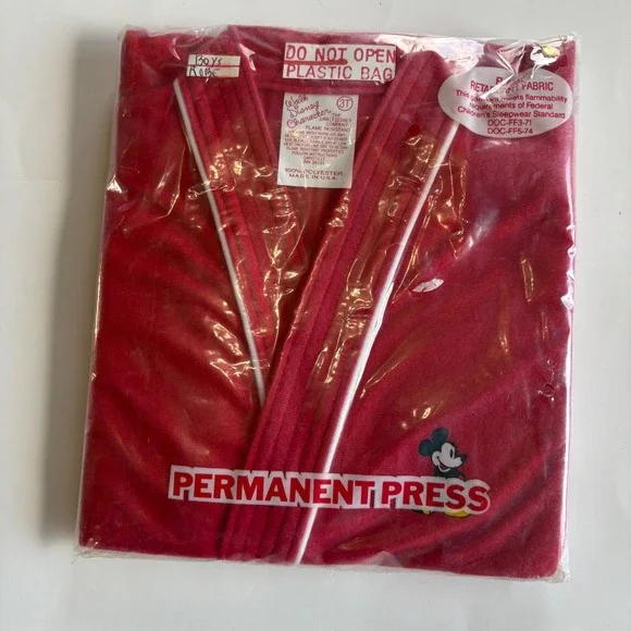 Vintage Disney Mickey Mouse Boys Red Robe 3T Deadstock Sealed Made in USA 1980s