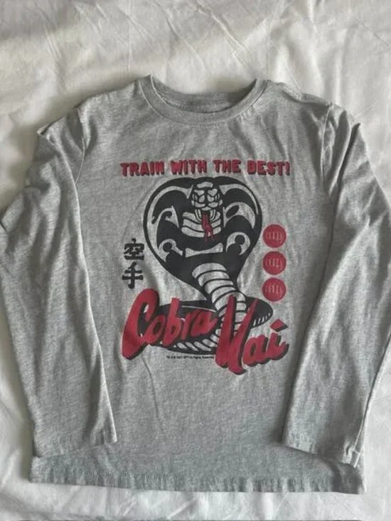 Gap Kids Cobra Kai Long Sleeve T-Shirt Boys Size 10 Gray Graphic Tee