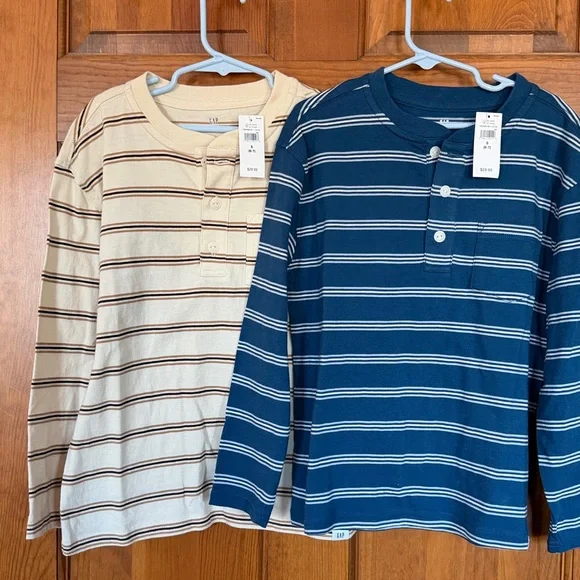 NWT Gap Kids Henley Pocket long sleeve T-Shirts, tan chino & indigo blue seas