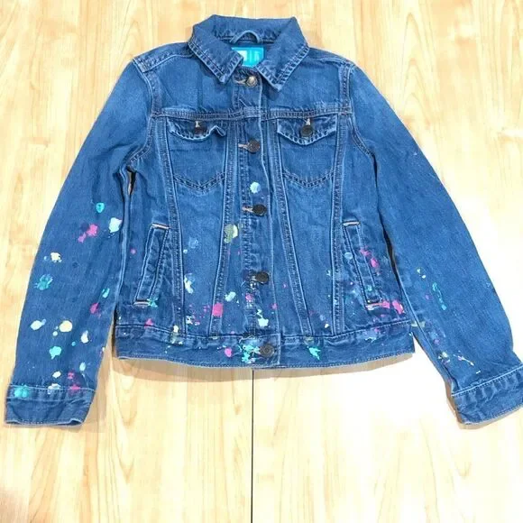 Girls GAP Jacket Size M Kids Denim Jean Jacket with Paint Splatter