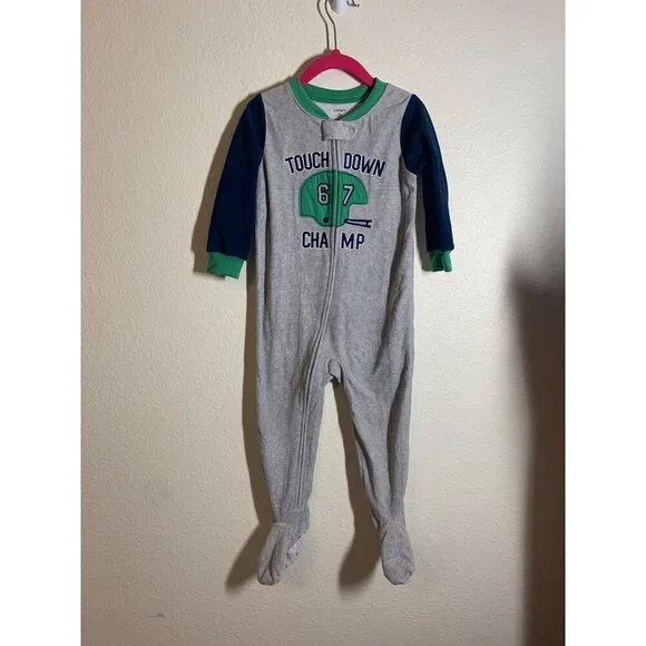 Carter's Football Fleece Footie Pajamas Toddler Boys Size 2T Gray Touchdown I6