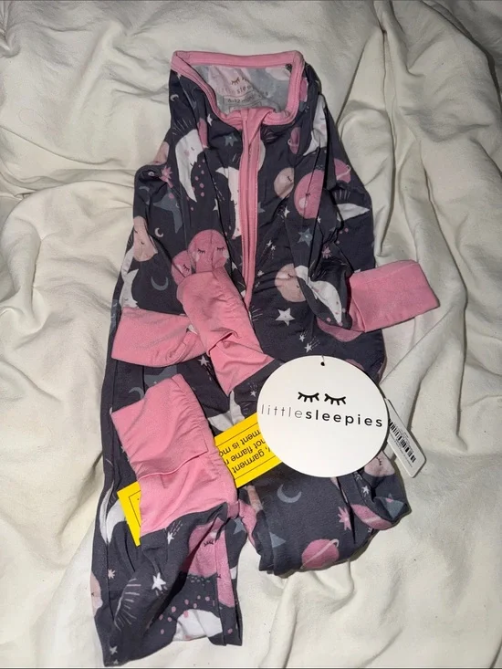 Little Sleepies Pink & Navy Moon Star Zip Footed Pajamas