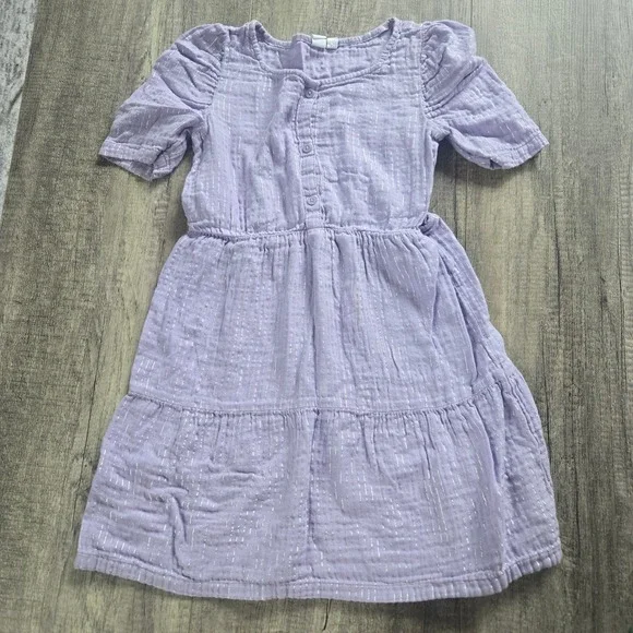 Gap Kids Girls Lavender Purple Metallic Stripe Cotton Gauze Tiered Dress Size 10