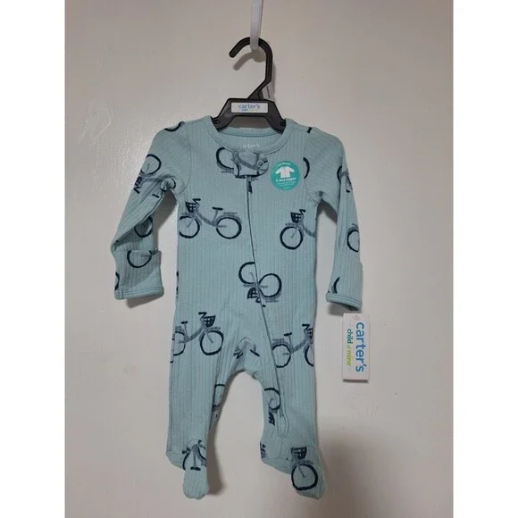 Carter's Child of Mine Newborn Footed One-Piece Sleeper Blue Bicycle Print NWT