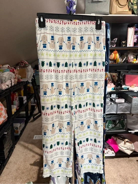 Festive Snowman Holiday Lounge Pants - White with Blue & Green size 10