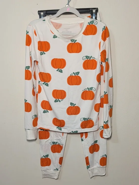 Tahari Girl Pumpkin Pajama Set White Orange Long-Sleeve Shirt + Pants Size 10-12