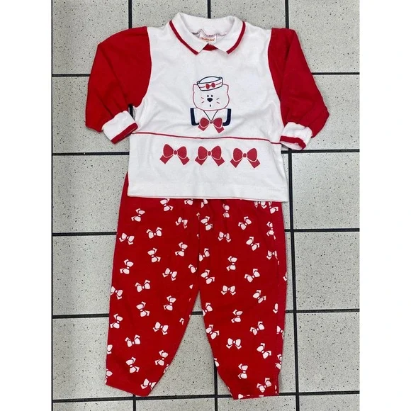 Health-tex Vintage Pajama Set‎ Sailor Bear Bows Red White 3T