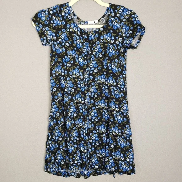 GAP Kids Sz L Button Front Floral‎ Dress Black Blue Ditzy Flower Cottage Prairie