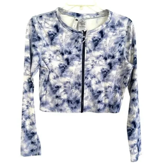 Gap crop top features a blue and white tie-dye pattern front zipper size XL