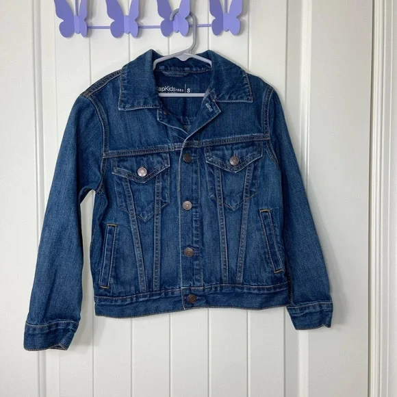 NWOT‎ GAP Kids 1969 kid’s unisex dark medium wash blue denim button jacket S
