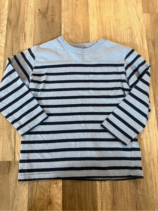 Kids Long Sleeve Striped Pocket Tee - Light Blue & Navy