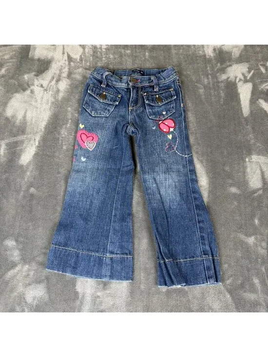 Baby Gap Denim Stretch Toddler Embroidered Jeans Size 3t Patched Flare Leg Y2K