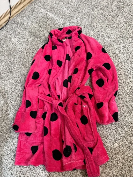 Pink Plush Robe with Black Polka Dots