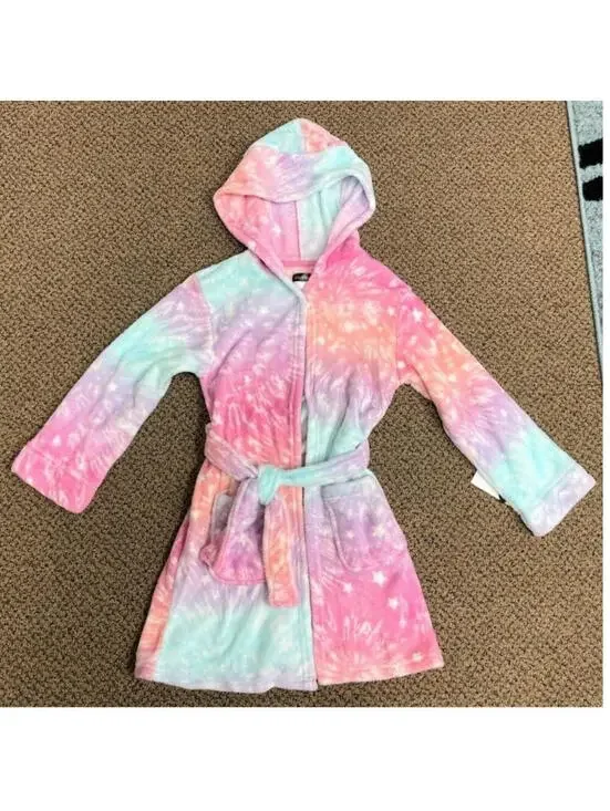 Cuddl Duds Bath Robe Girls 6/6X Pink Rainbow Hooded Fleece Long Sleeve Winter