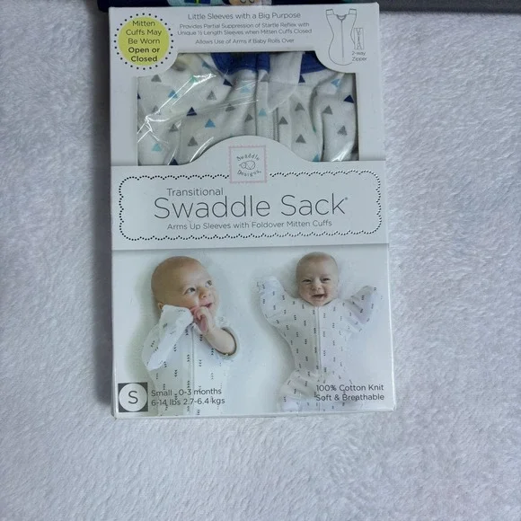 SwaddleDesigns Transitional Swaddle Sack Baby Small White Blue New Mitten Cuffs