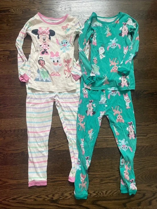 Disney Two-Pair Girls Pajama Set — Cream Pink & Teal Character Prints
