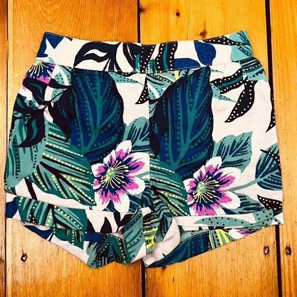 Gap Girls Tropical Leaf Floral Linen Cotton Shorts Summer Pockets Elastic Waist