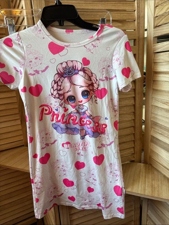 Princess Graphic Nightgown - Pink & White Heart Print 7-8Years