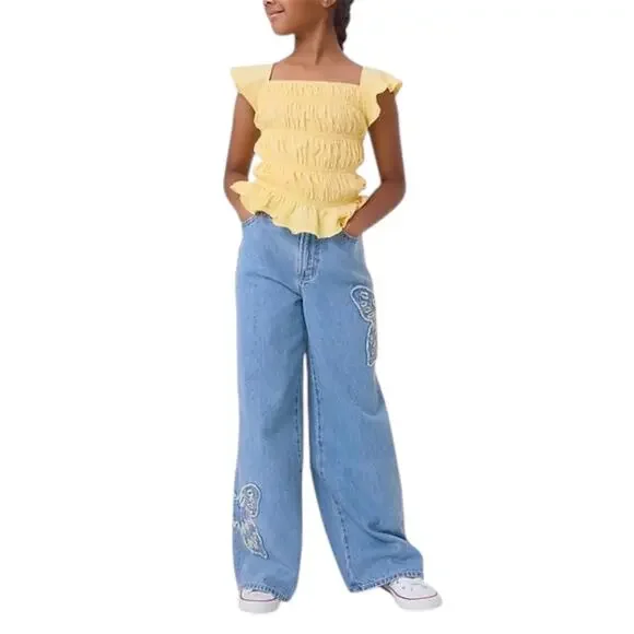 Gap Kids Butterfly Patch Wide Leg Jeans Y2K Denim Boho Aesthetic Sz Kids 12 Plus