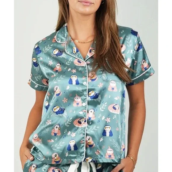 NWT Sloth Satin Pajama Top Girls XL Teal Kawaii Sleep Shirt