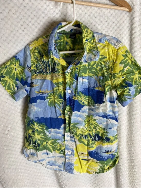 Vintage Baby GAP Hawaiian Green Blue and Yellow Palm Print Shirt