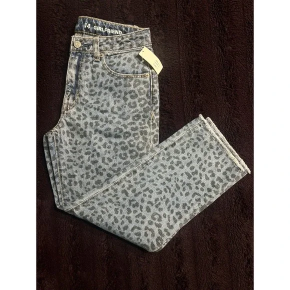Gap Kids Leopard Print Girlfriend Jeans Size 14 Raw Hem Denim NWT