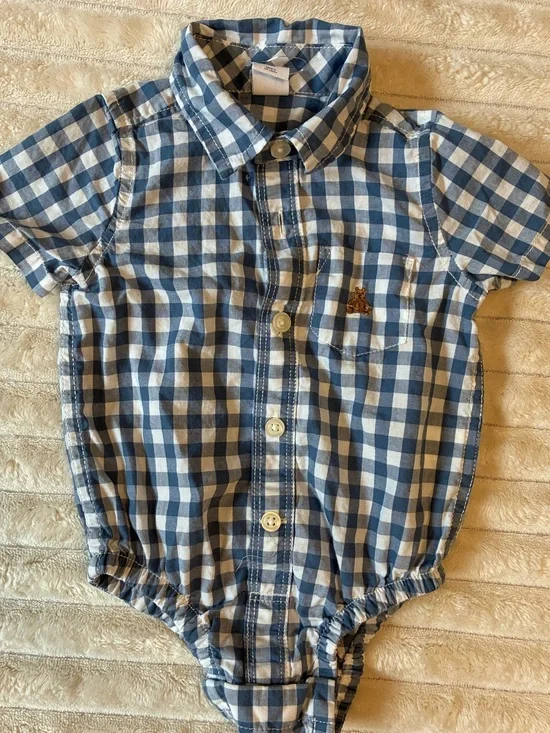 Baby Gap 3-6M Blue Gingham Collared Romper Button Down Baby Outfit
