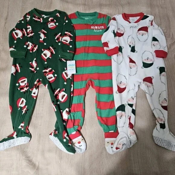 Lot Of 3 Fleece Footed Pajamas Pjs Boys Size 18 Months Christmas Santa Holiday