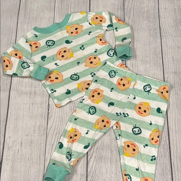 Cocomelon Toddler Girls Green and White Striped Pajama Set