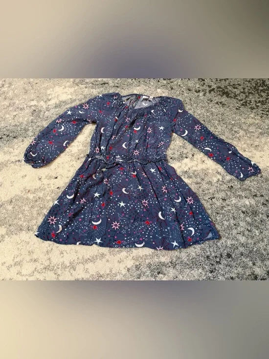 Girls Navy astrological  Print Long Sleeve Dress