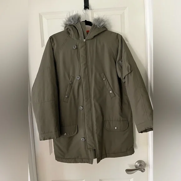Gap Kids Heavyweight Parka Jacket Olive army green w/faux fur hood, pockets 12