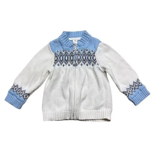 Baby GAP Fair Isle‎ Knit Cardigan 18-24M White Blue Unisex Sweater
