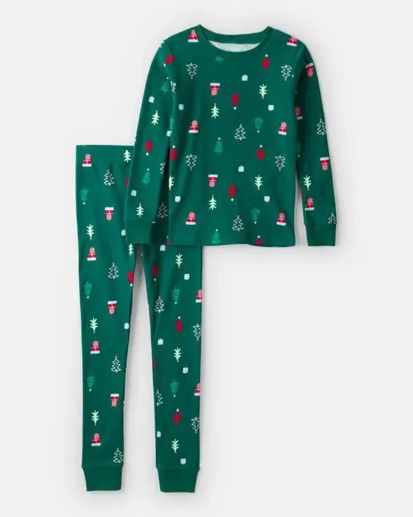 NEW! 6 Kids Christmas Tree Print Top and Pants Pajama 2PC Set 100% Cotton Green