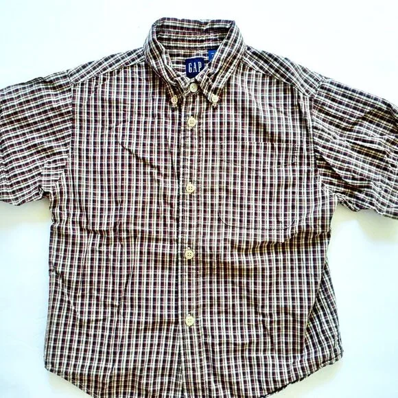 Gap Boys Shirt Button Down Red Tan Green Plaid Short Sleeve XS