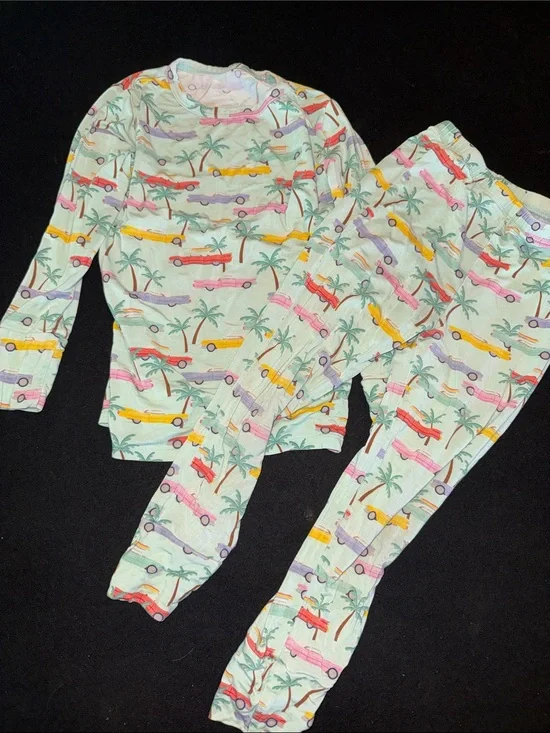 Kids Long Sleeve Pajama Set in Mint with Surf Car Print