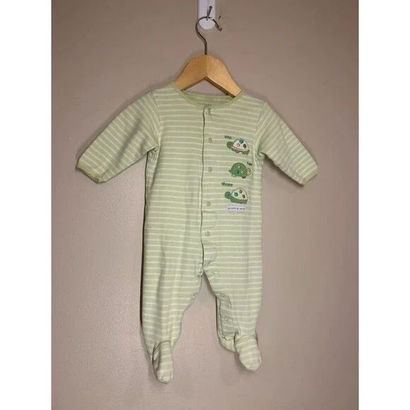Carter's 6M Baby Boy Green White Striped Turtle Snap Sleeper Pajamas