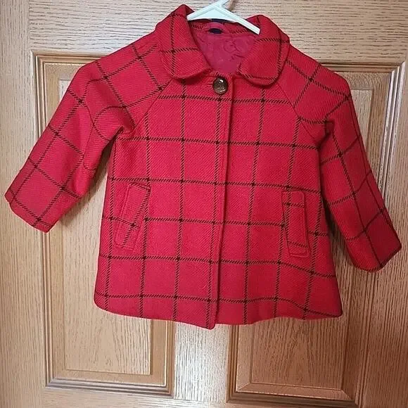 Baby Gap Red‎ Windowpane Plaid Wool Blend Swing Coat Cape Toddler Size 4 Years