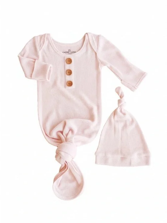 Caden Lane Pearl Pink Bamboo Waffle Newborn Baby Knot Gown & Hat Set