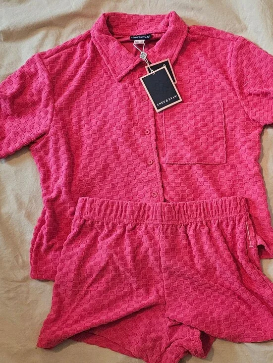 Andy & Evan Hot Pink Textured Short Pajama Set Girls Large 12/14