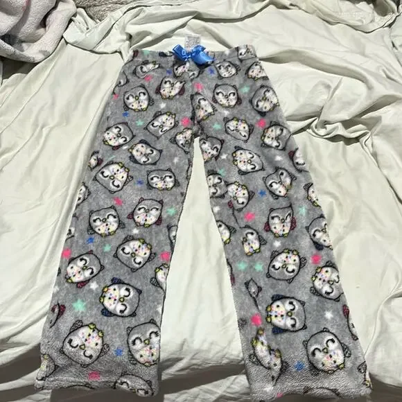 Members mark 6/6x grey fleece owl pants pj bottom elastic waist blue satin bow