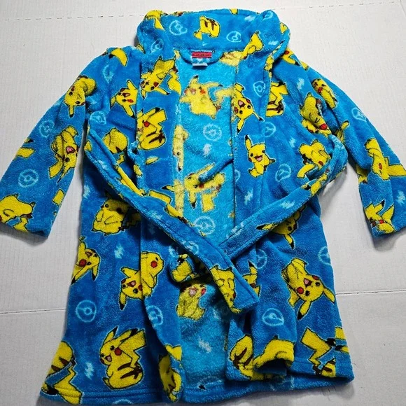 Pokemon Pikachu Boys Blue Plush Fleece Hooded Bathrobe Size XS‎ 4/5 5170
