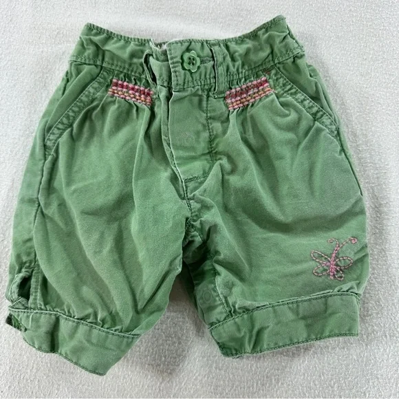 Baby GAP Green Kids Shorts with Pink Butterfly Embroidery Sz Infant up to 3 mo