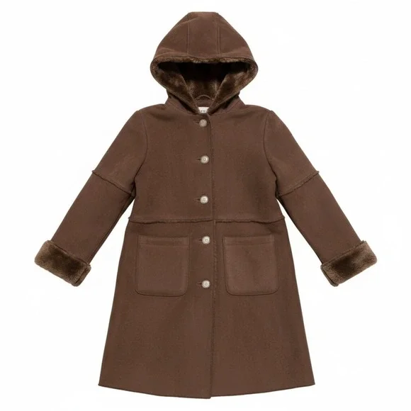 GAP Faux Shearling Hooded Coat Kids Size M 7-8 Brown Winter Jacket Faux Suede