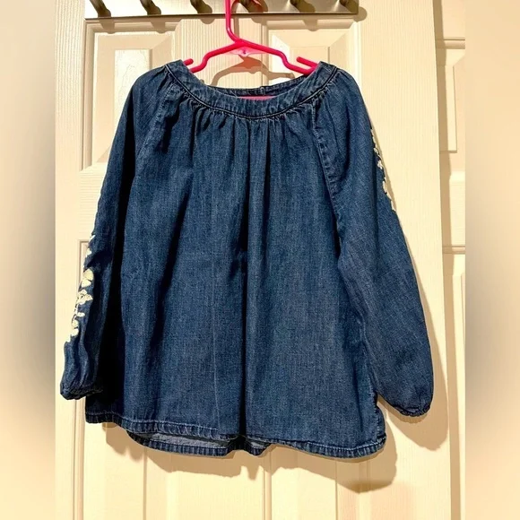 Gap girls size L denim shirt with white flower embroidery on sleeves